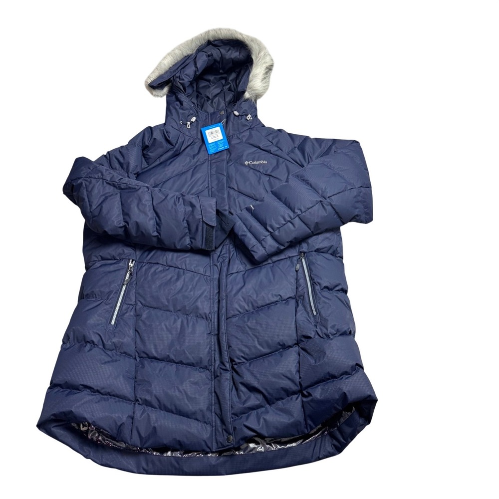 Columbia Womens 3X Navy Blue Lay D Down II Mid Jacket‎ Omni-Heat Faux Fur Hood